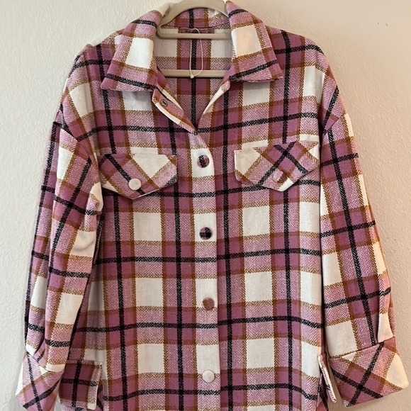 SKYLAR Rose Long Plaid Shacket - Picture 1 of 15
